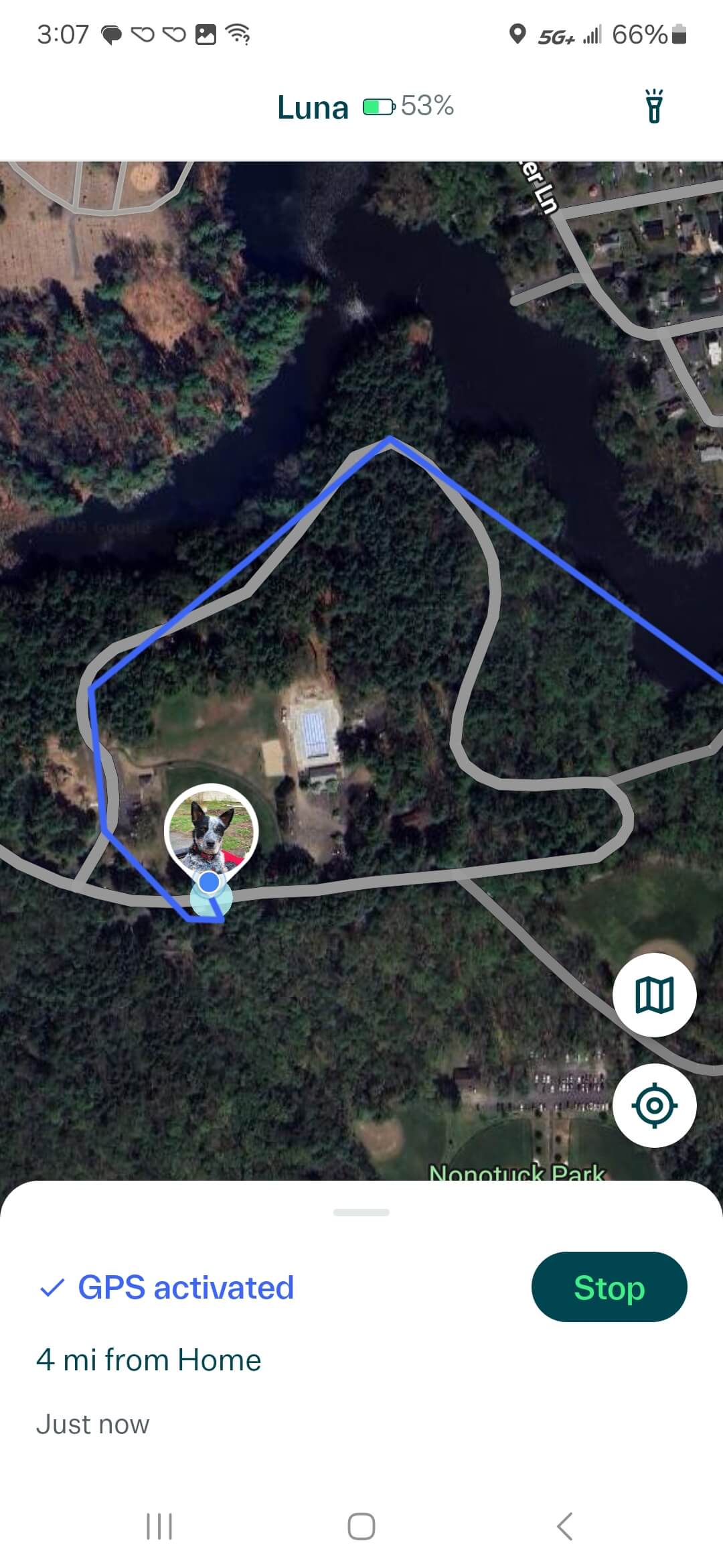 Whistle GPS track during Lost Dog Mode test
